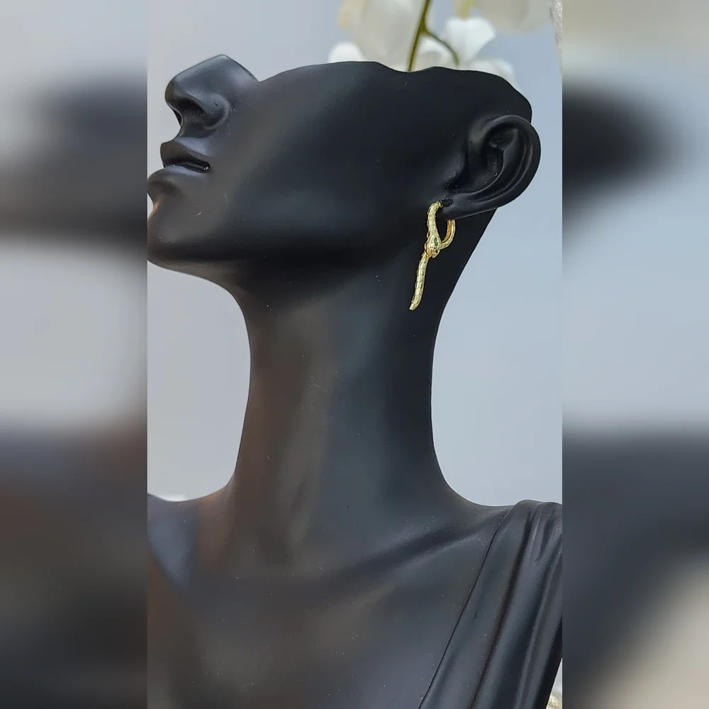 Gold Snake Earrings with Green Accent - Picture 6 of 7